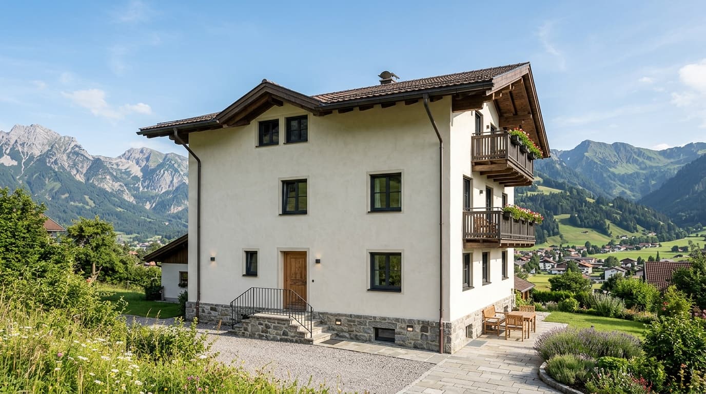 Frisch saniertes traditionelles Wohnhaus in Vorarlberg mit erneuerter Kalkputzfassade nach der Altbausanierung