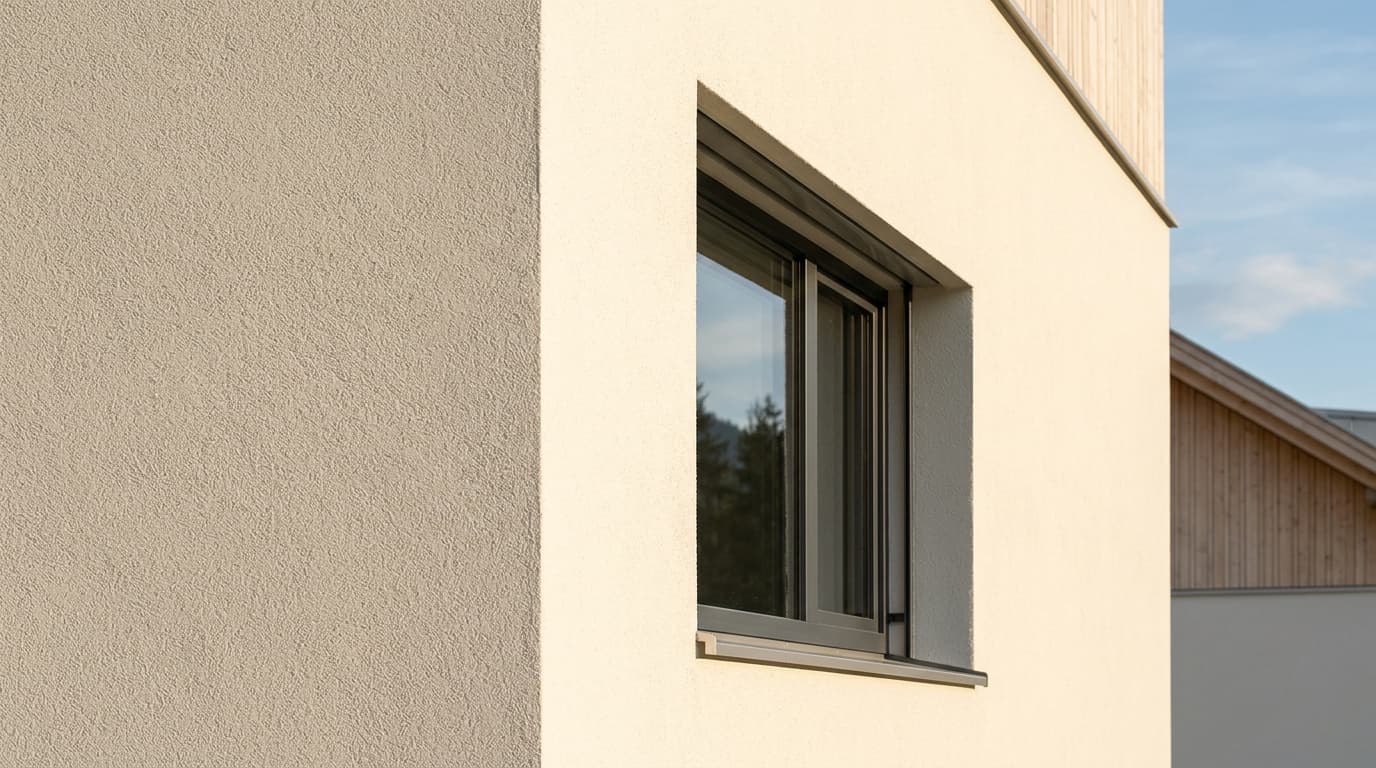 Detailaufnahme einer frisch verputzten Außenfassade mit feiner Kornstruktur und präzisem Fensteranschluss in Vorarlberg