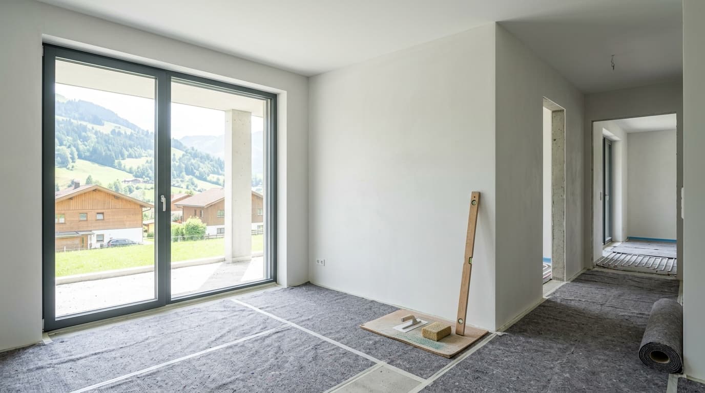Heller Rohbau-Innenraum in Vorarlberg mit frisch verputzten, exakt lotrechten Innenwänden und Wasserwaage