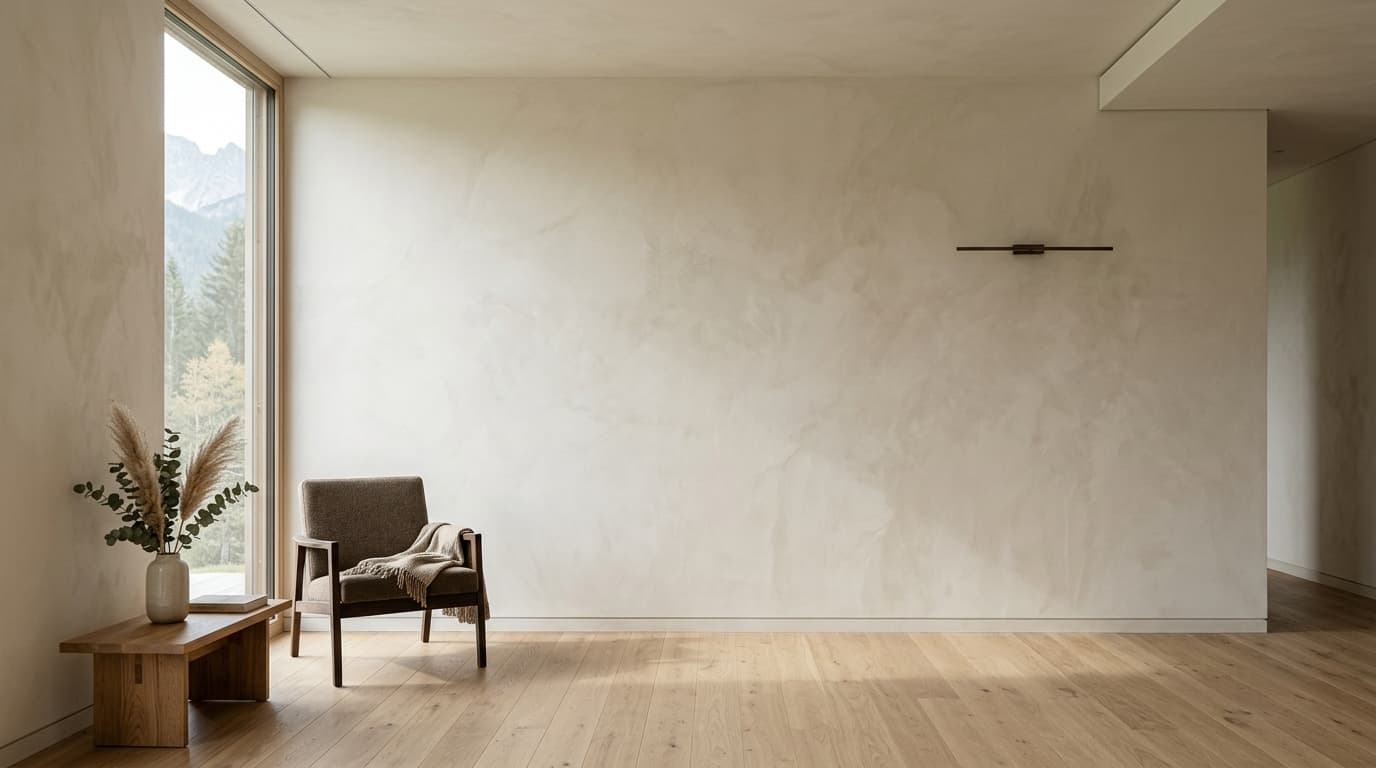 Minimalistischer Wohnraum in Vorarlberg mit einer edlen, mineralisch matten Kalkputzwand in warmem Naturweiß