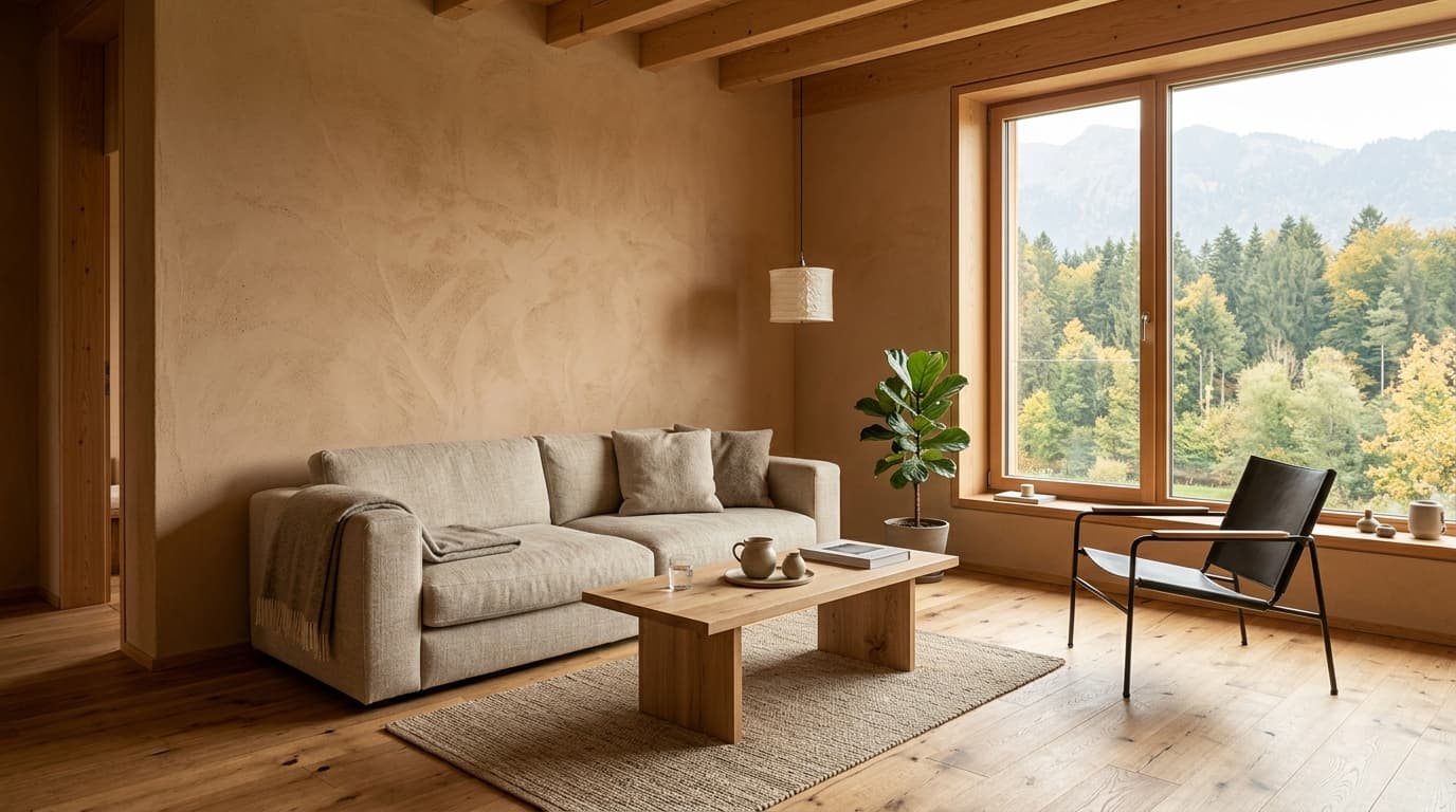 Moderner Vorarlberger Wohnraum mit einer warmen, handwerklich strukturierten Lehmputzwand und Holzelementen