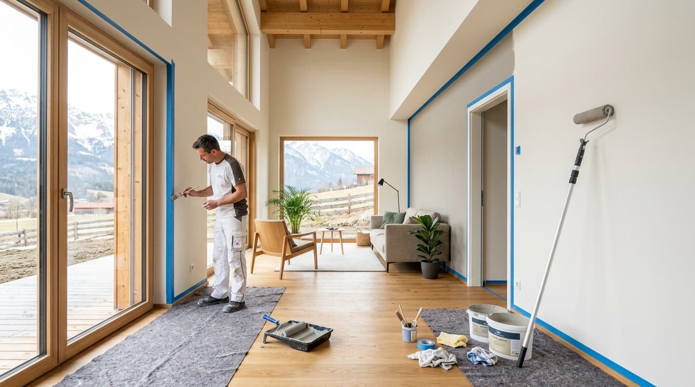 Präzise Malerarbeiten in einem modernen Vorarlberger Wohnraum mit sauberer Abklebung und mattem Mineralanstrich