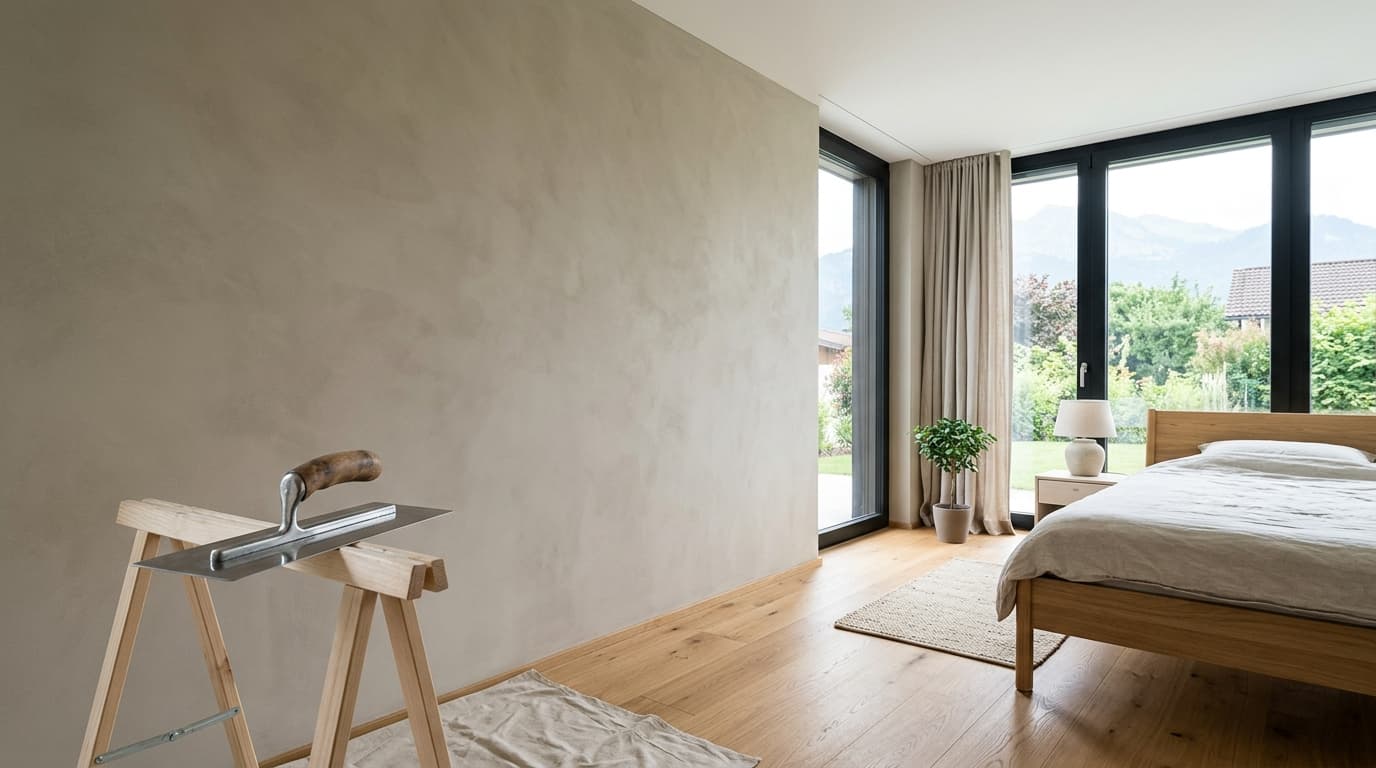 Meisterhafte Ausführung einer glatten Q4-Spachteltechnik mit Edelstahl-Glättkelle in einem modernen Wohnraum