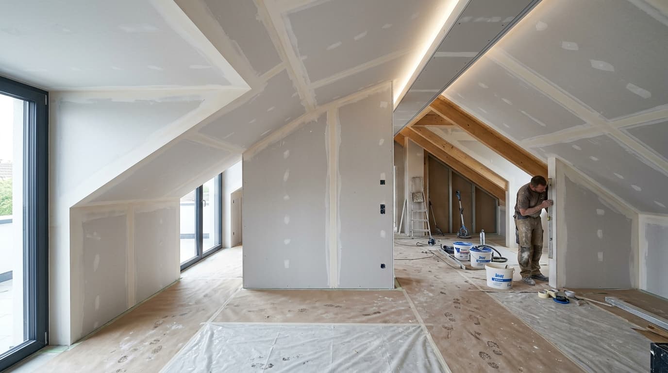 Präziser Trockenbau und Dachgeschoßausbau mit verspachtelten Gipskartonplatten und integrierter LED-Lichtvoute