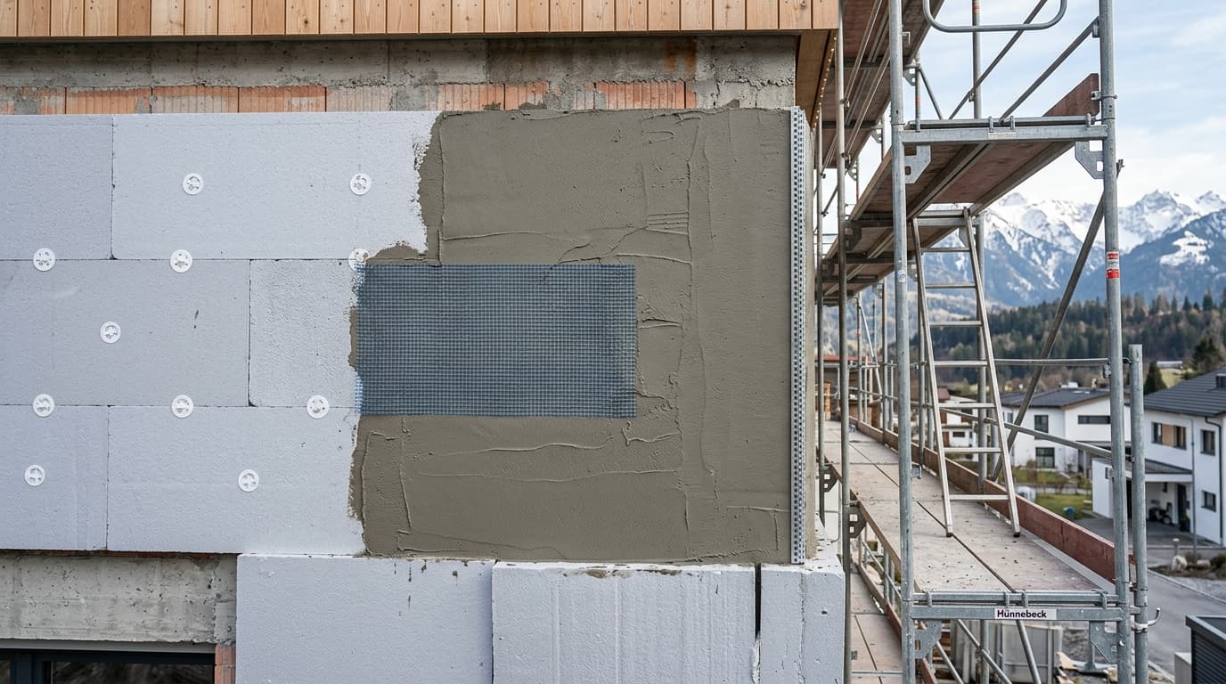 Fachgerechte Montage einer Wärmedämmfassade (WDVS) mit Armierungsgewebe an einem Wohnhaus in Vorarlberg